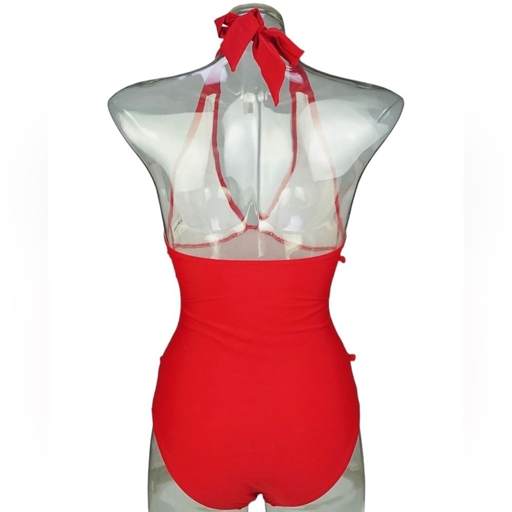 Red and White Plunging Neck Halter Mesh Pom Pom Tassel One Piece Swimsuit Size - Picture 3 of 11